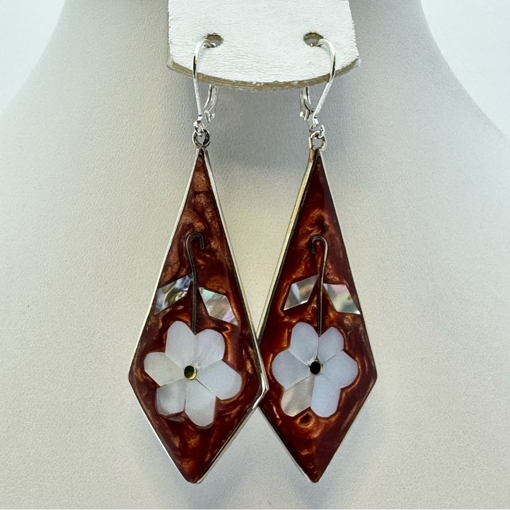 Vintage Vietta Taxco Mother of Pearl Red Floral Inlay Silver Earrings